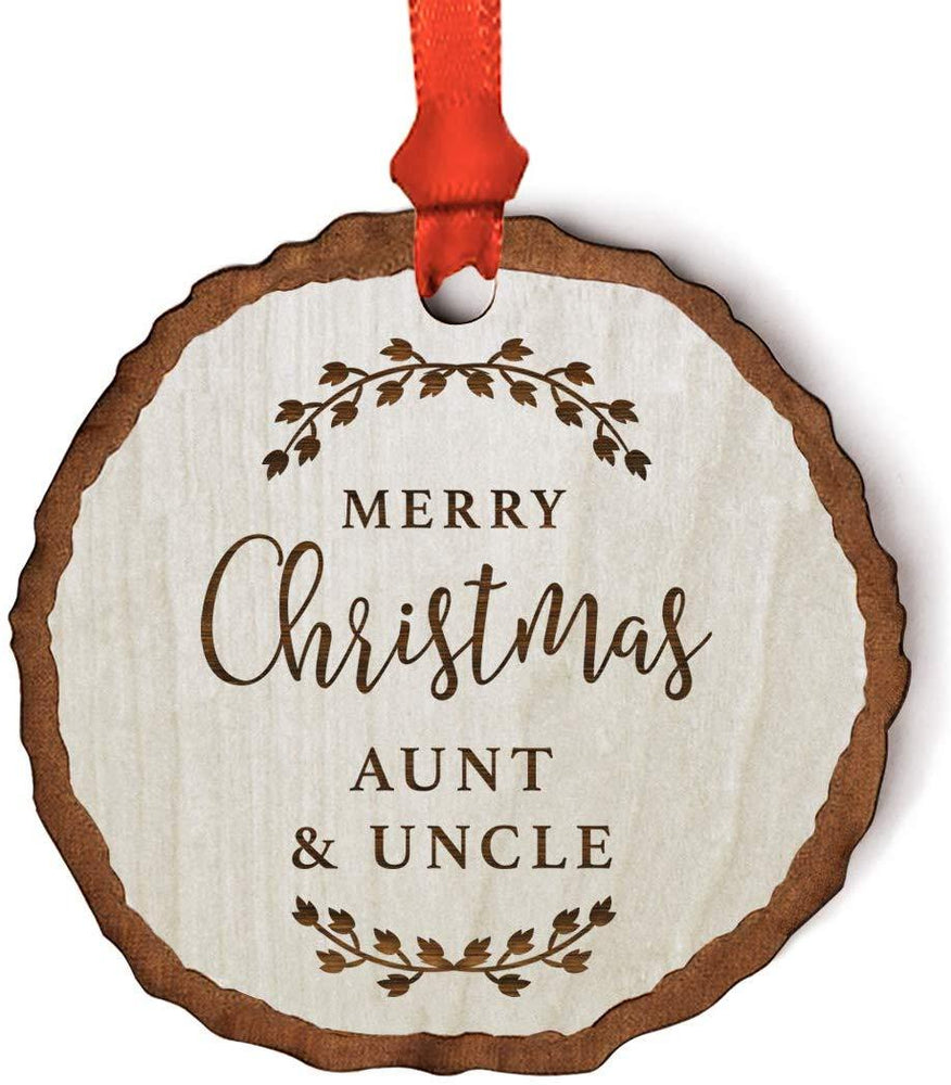 Andaz Press Real Wood Rustic Christmas Ornament, Engraved Wood Slab, Merry Christmas Aunt & Uncle, Rustic Laurel Leaves-Set of 1-Andaz Press-Merry Christmas Aunt & Uncle Rustic Laurel Leaves-