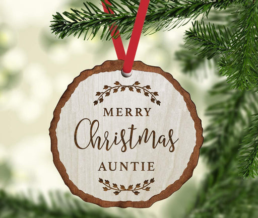 Andaz Press Real Wood Rustic Christmas Ornament, Engraved Wood Slab, Merry Christmas Auntie, Rustic Laurel Leaves-Set of 1-Andaz Press-Merry Christmas Auntie Rustic Laurel Leaves-