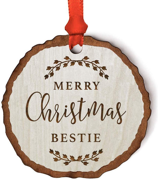Andaz Press Real Wood Rustic Christmas Ornament, Engraved Wood Slab, Merry Christmas Bestie, Rustic Laurel Leaves-Set of 1-Andaz Press-Merry Christmas Bestie Rustic Laurel Leaves-
