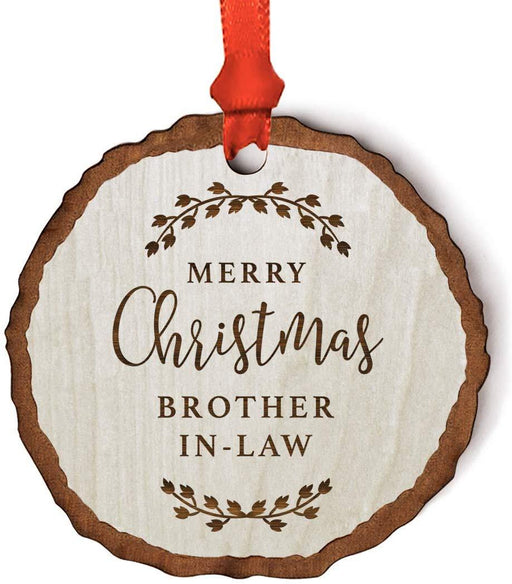 Andaz Press Real Wood Rustic Christmas Ornament, Engraved Wood Slab, Merry Christmas Brother-in-Law, Rustic Laurel Leaves-Set of 1-Andaz Press-Merry Christmas Brother-in-Law Rustic Laurel Leaves-