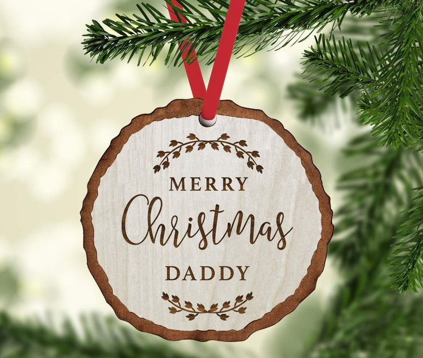 Andaz Press Real Wood Rustic Christmas Ornament, Engraved Wood Slab, Merry Christmas Daddy, Rustic Laurel Leaves-Set of 1-Andaz Press-Merry Christmas Daddy Rustic Laurel Leaves-
