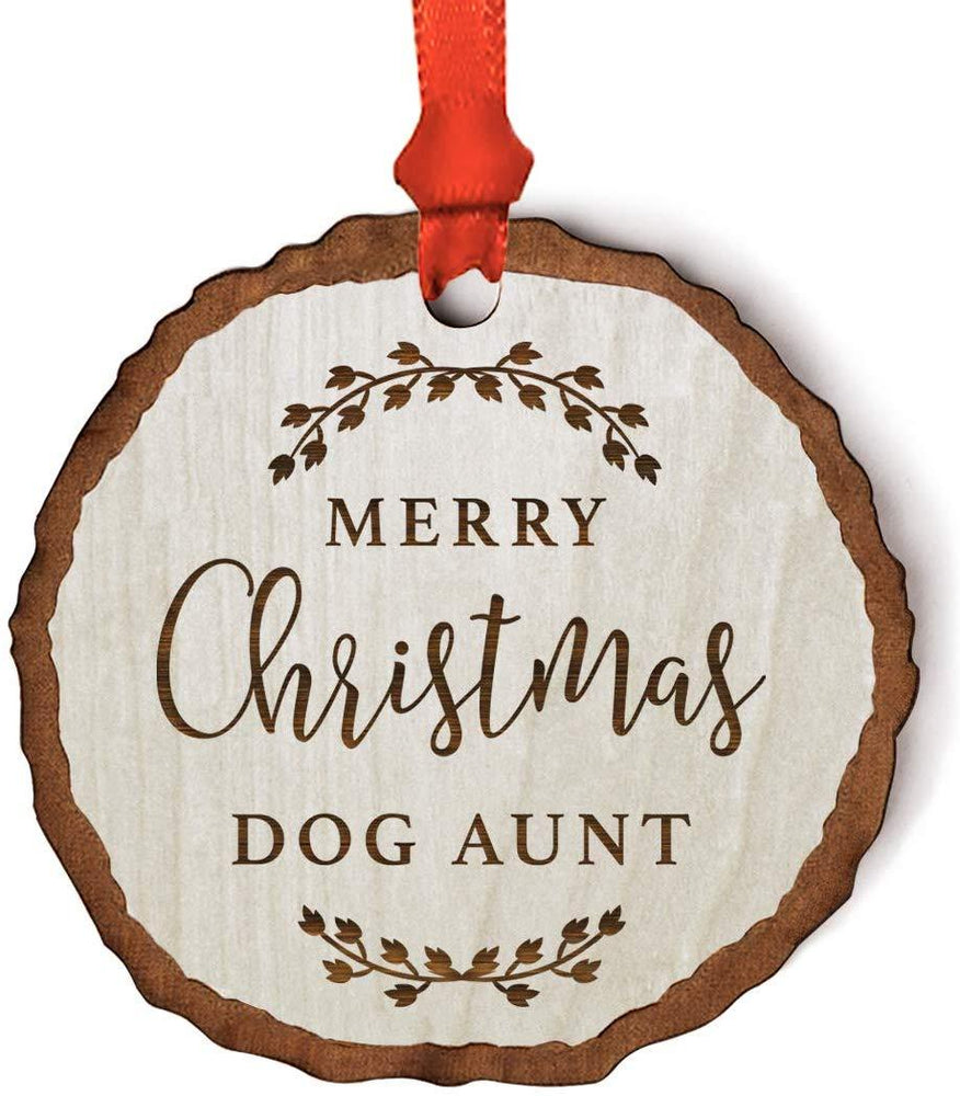 Andaz Press Real Wood Rustic Christmas Ornament, Engraved Wood Slab, Merry Christmas Dog Aunt, Rustic Laurel Leaves-Set of 1-Andaz Press-Merry Christmas Dog Aunt Rustic Laurel Leaves-