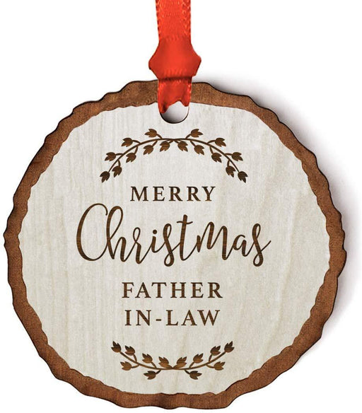 Andaz Press Real Wood Rustic Christmas Ornament, Engraved Wood Slab, Merry Christmas Father-in-Law, Rustic Laurel Leaves-Set of 1-Andaz Press-Merry Christmas Father-in-Law Rustic Laurel Leaves-