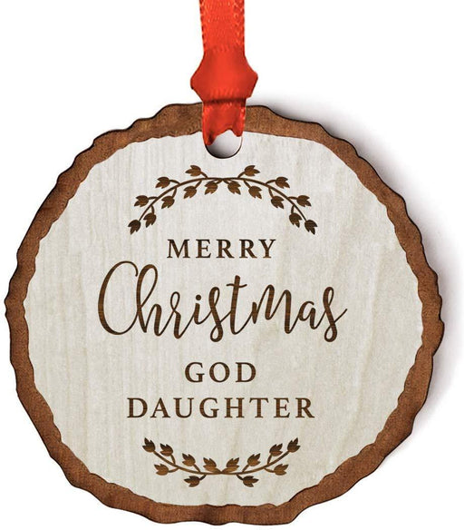 Andaz Press Real Wood Rustic Christmas Ornament, Engraved Wood Slab, Merry Christmas Goddaughter, Rustic Laurel Leaves-Set of 1-Andaz Press-Merry Christmas Goddaughter Rustic Laurel Leaves-