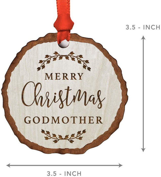 Andaz Press Real Wood Rustic Christmas Ornament, Engraved Wood Slab, Merry Christmas Godmother, Rustic Laurel Leaves-Set of 1-Andaz Press-Merry Christmas Godmother Rustic Laurel Leaves-