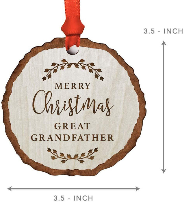 Andaz Press Real Wood Rustic Christmas Ornament, Engraved Wood Slab, Merry Christmas Great Grandfather, Rustic Laurel Leaves-Set of 1-Andaz Press-Merry Christmas Great Grandfather Rustic Laurel Leaves-