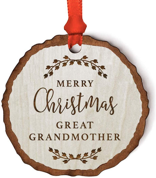 Andaz Press Real Wood Rustic Christmas Ornament, Engraved Wood Slab, Merry Christmas Great Grandmother, Rustic Laurel Leaves-Set of 1-Andaz Press-Merry Christmas Great Grandmother Rustic Laurel Leaves-