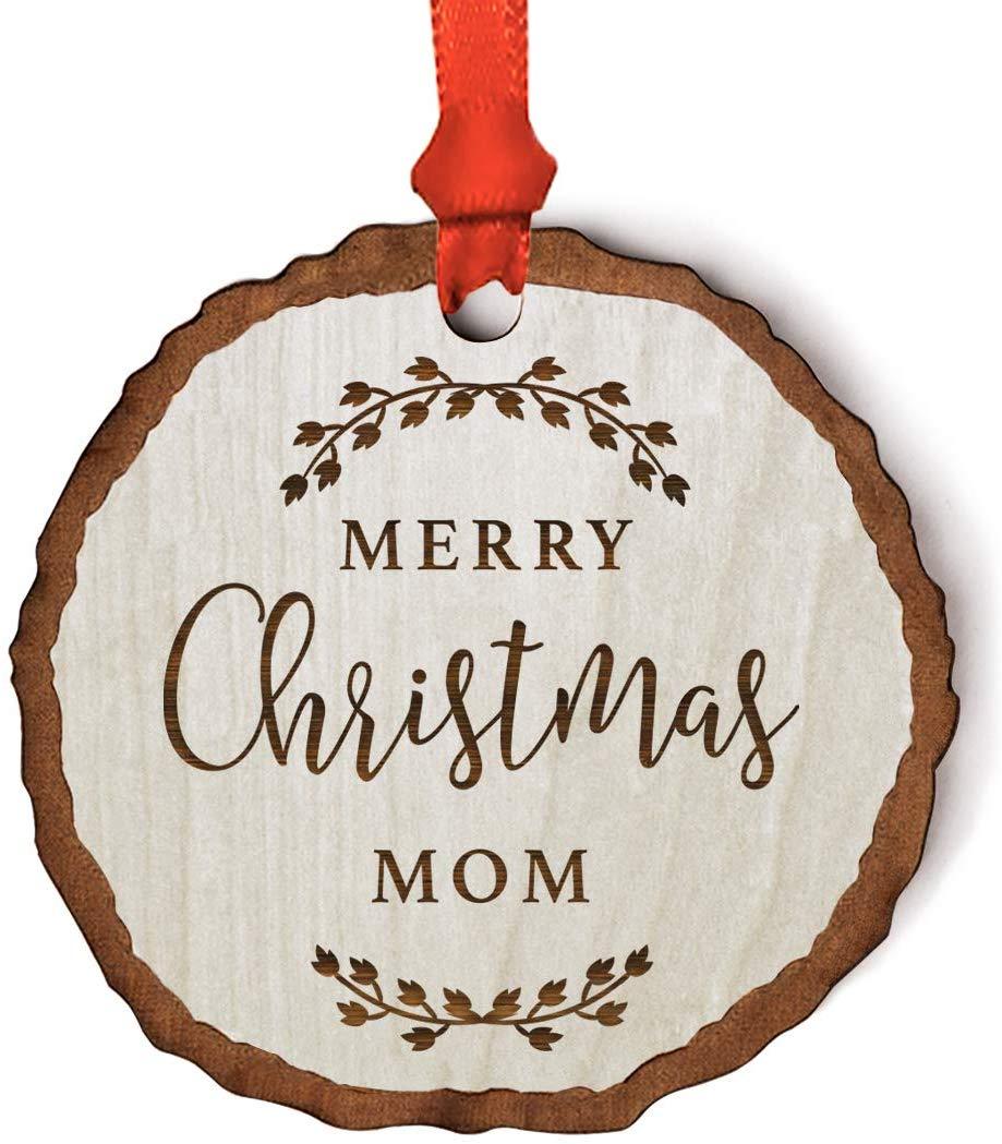 Andaz Press Real Wood Rustic Christmas Ornament, Engraved Wood Slab, Merry Christmas Mom, Rustic Laurel Leaves