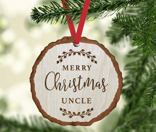 Andaz Press Real Wood Rustic Christmas Ornament, Engraved Wood Slab, Merry Christmas Uncle, Rustic Laurel Leaves-Set of 1-Andaz Press-Merry Christmas Uncle Rustic Laurel Leaves-