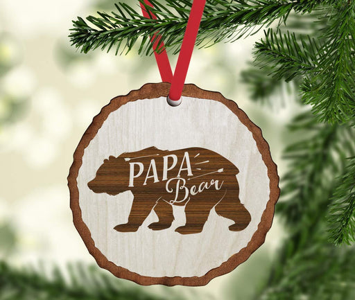 Andaz Press Real Wood Rustic Christmas Ornament, Engraved Wood Slab, Papa Bear-Set of 1-Andaz Press-Papa Bear-