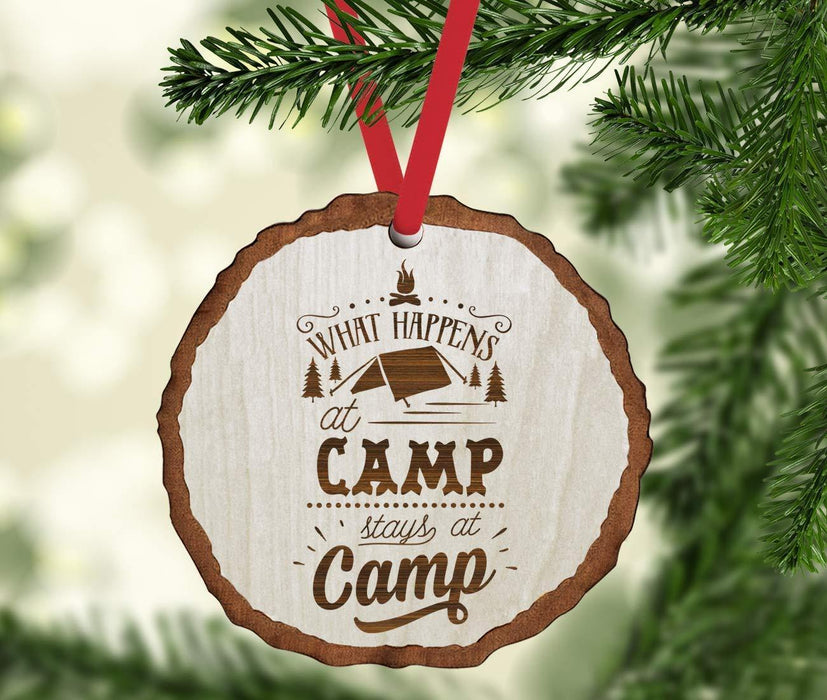 Andaz Press Real Wood Rustic Christmas Ornament, Engraved Wood Slab, What Happens at Camp Stays at Camp-Set of 1-Andaz Press-What Happens at Camp Stays at Camp-