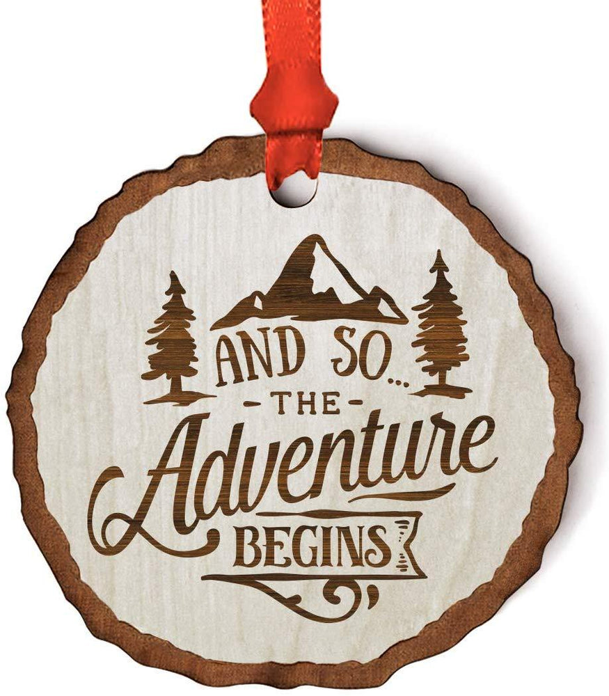 Andaz Press Real Wood Rustic Christmas Ornament, Engraved Wood Slab, and so The Adventure Begins-Set of 1-Andaz Press-and so The Adventure Begins-