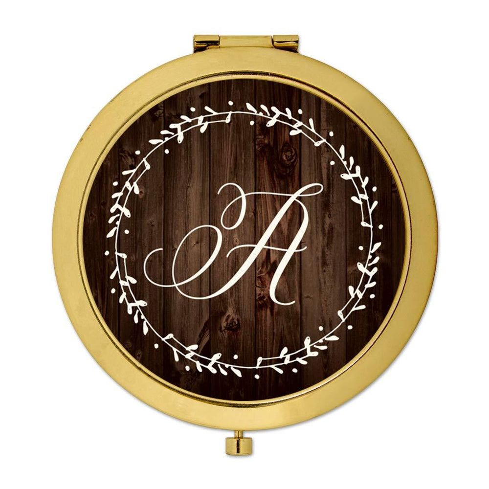Andaz Press Rustic Wood with Laurels Monogram Gold Compact Mirror-Set of 1-Andaz Press-A-
