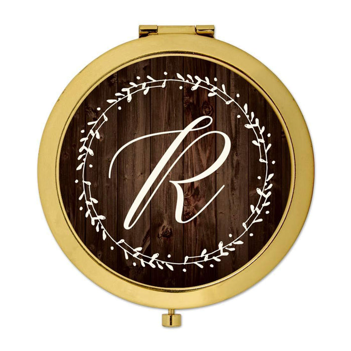 Andaz Press Rustic Wood with Laurels Monogram Gold Compact Mirror-Set of 1-Andaz Press-R-