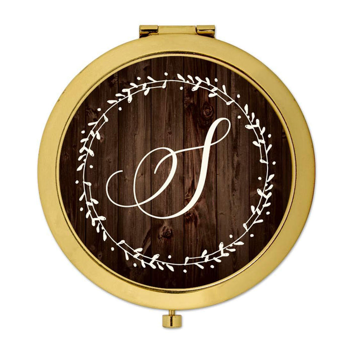Andaz Press Rustic Wood with Laurels Monogram Gold Compact Mirror-Set of 1-Andaz Press-S-
