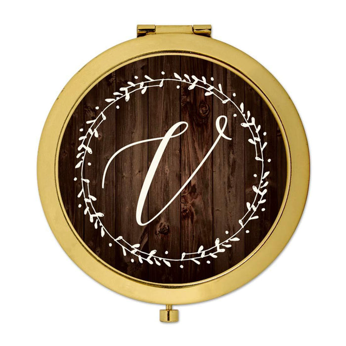 Andaz Press Rustic Wood with Laurels Monogram Gold Compact Mirror-Set of 1-Andaz Press-V-