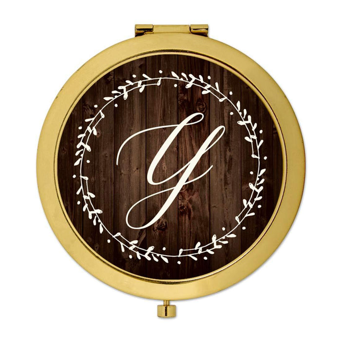 Andaz Press Rustic Wood with Laurels Monogram Gold Compact Mirror-Set of 1-Andaz Press-Y-