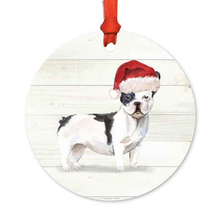 Animal Pet Dog Metal Christmas Ornament, Wire with Santa Hat-Set of 1-Andaz Press-Black and White French Bulldog-
