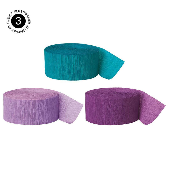 Aqua Teal, Lavender, Royal Purple Crepe Paper Streamer Hanging Decorative Kit-Set of 3-Andaz Press-