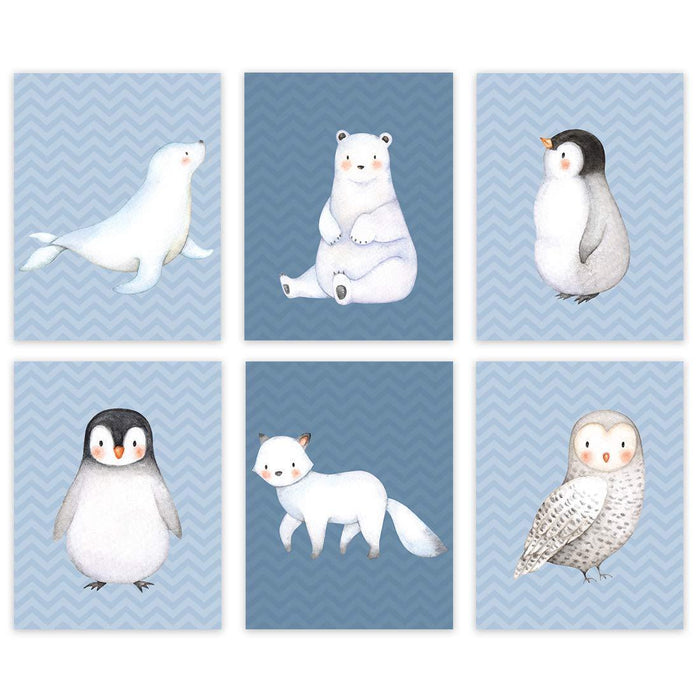 Arctic Animals Nursery Room Hanging Wall Art-Set of 6-Andaz Press-Winter Aqua Snow Flakes, Penguin, Owl, Winter Fox, Bear, Seal-
