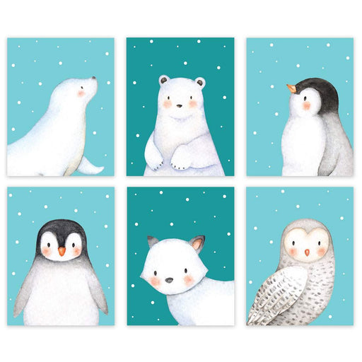 Arctic Animals Nursery Room Hanging Wall Art-Set of 6-Andaz Press-Winter Aqua Snow Flakes, Penguin, Owl, Winter Fox, Bear, Seal-