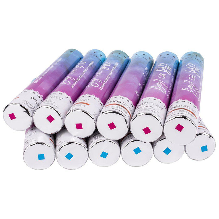 Baby Gender Reveal Confetti Cannons with 6 Blue or 6 Pink Confetti - Compress Air Popper-Set of 12-Andaz Press-