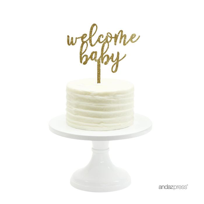 Baby Shower Welcome Baby Glitter Acrylic Cake Toppers-Set of 1-Andaz Press-Gold-