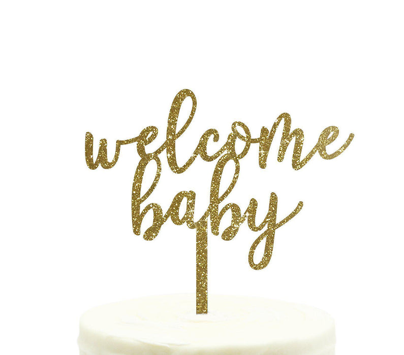 Baby Shower Welcome Baby Glitter Acrylic Cake Toppers-Set of 1-Andaz Press-Gold-