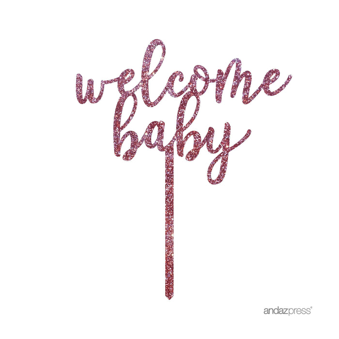 Baby Shower Welcome Baby Glitter Acrylic Cake Toppers-Set of 1-Andaz Press-Gold-