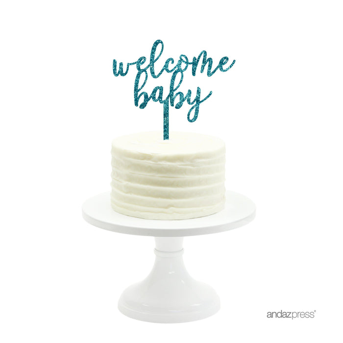 Baby Shower Welcome Baby Glitter Acrylic Cake Toppers-Set of 1-Andaz Press-Gold-