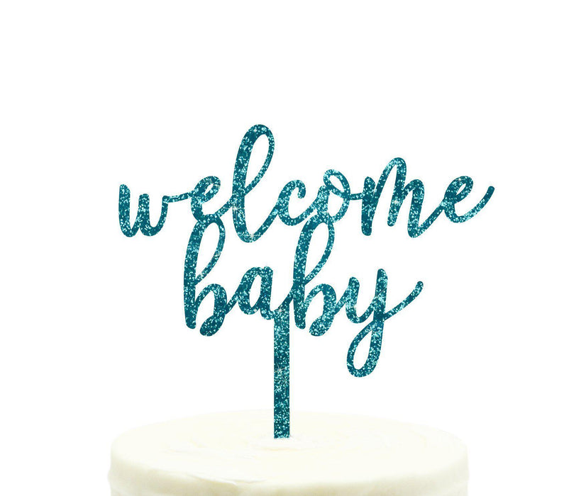 Baby Shower Welcome Baby Glitter Acrylic Cake Toppers-Set of 1-Andaz Press-Aqua-