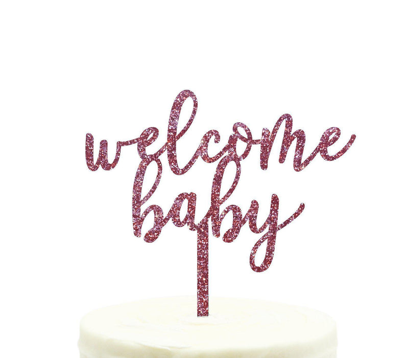 Baby Shower Welcome Baby Glitter Acrylic Cake Toppers-Set of 1-Andaz Press-Pink-