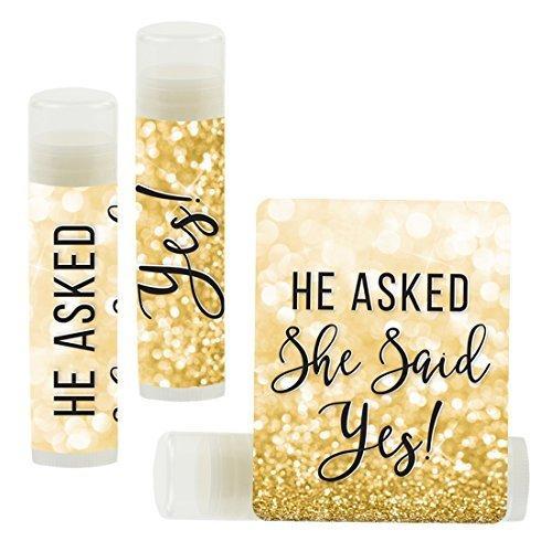 Bachelorette Faux Gold Glitter Shimmer, Lip Balm Favors-Set of 12-Andaz Press-He Asked She Said Yes!-