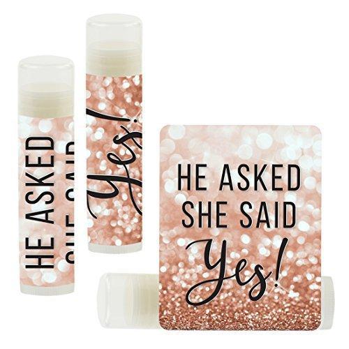 Bachelorette Faux Rose Gold Glitter Shimmer, Lip Balm Favors-Set of 12-Andaz Press-He Asked She Said Yes!-