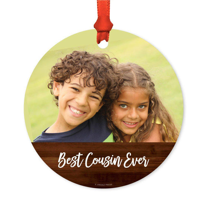 Best Collection, Photo Personalized Christmas Metal Ornament, Rustic Wood-Set of 1-Andaz Press-Best Cousin Ever-