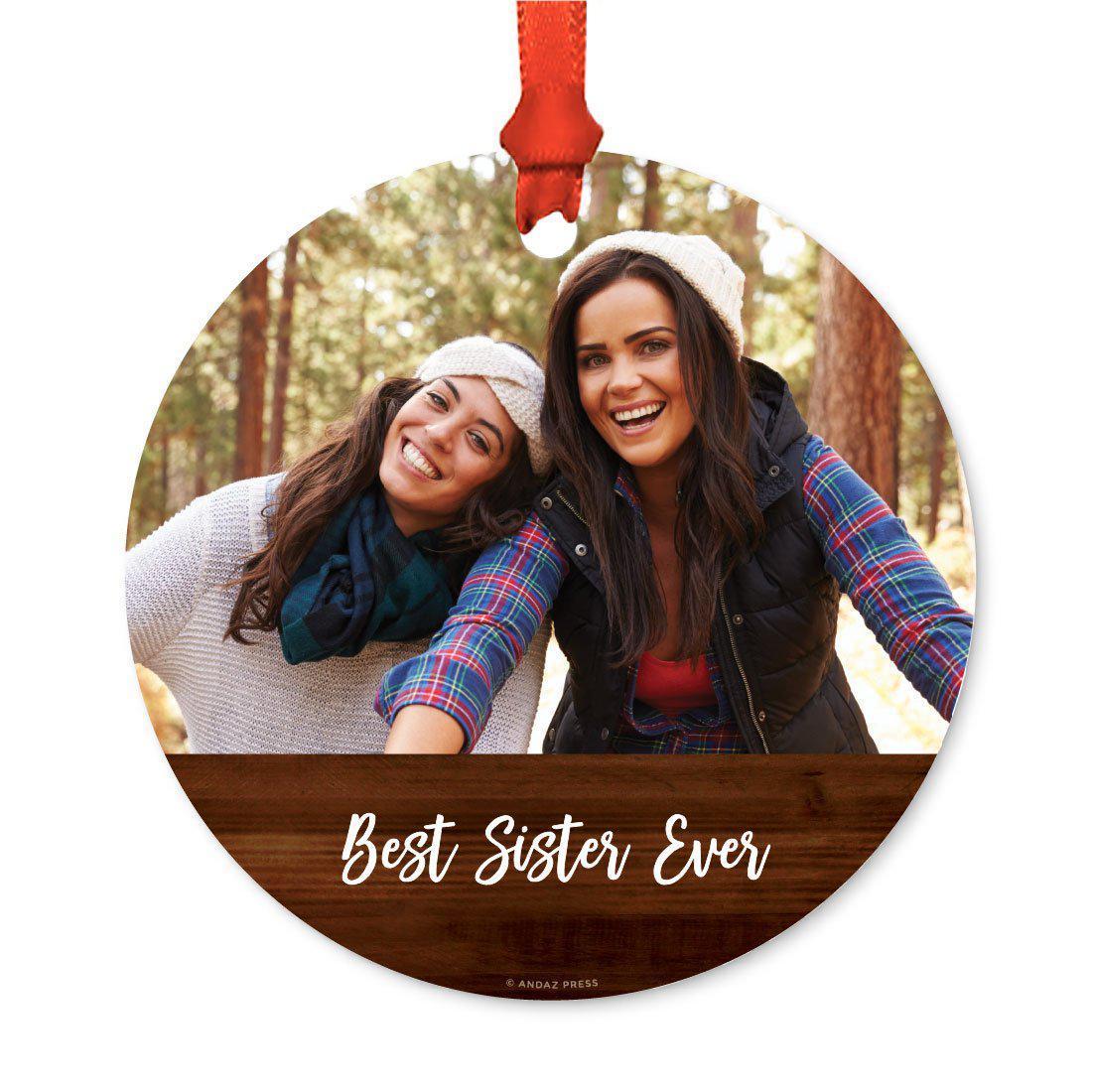 Best Collection, Photo Personalized Christmas Metal Ornament, Rustic Wood-Set of 1-Andaz Press-Best Sister Ever-
