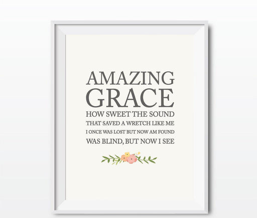 Bible Verses Religious Wall Art, Coral Pink Floral Roses-Set of 1-Andaz Press-Amazing Grace Hymn, Short Version-