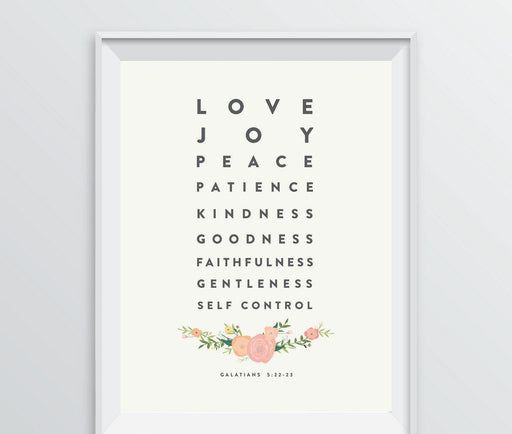 Bible Verses Religious Wall Art, Coral Pink Floral Roses-Set of 1-Andaz Press-Love Joy Peace Patience Kindness, Galatians 5:22-23-