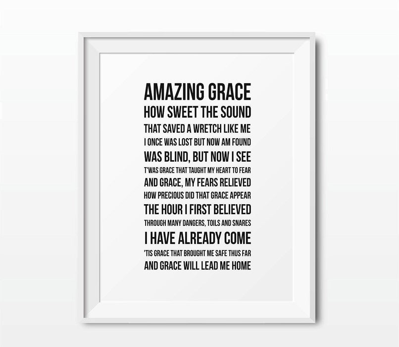 Bible Verses Religious Wall Art, Modern Black and White-Set of 1-Andaz Press-Amazing Grace Hymn, Long Version-