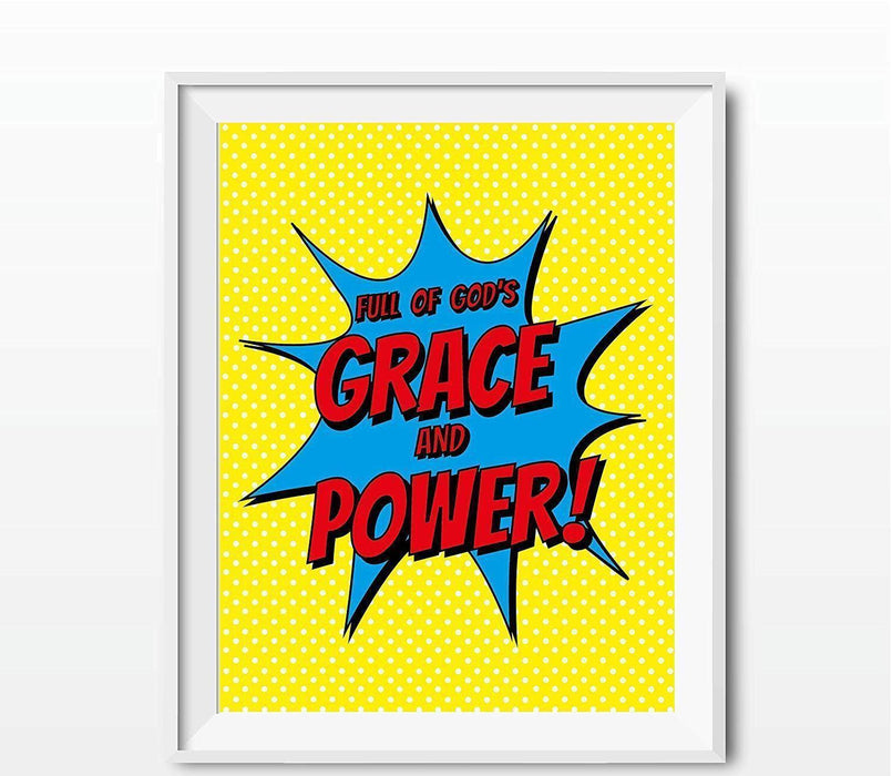 Bible Verses Religious Wall Art, Superhero Pop Art-Set of 1-Andaz Press-Full of God's Grace and Power Quotation, Bible Acts 6:8-