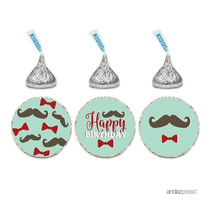 Birthday Hersheys Kisses Stickers-Set of 216-Andaz Press-Bow Tie Mustache Mint Green Happy Birthday-