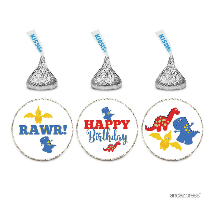 Birthday Hersheys Kisses Stickers-Set of 216-Andaz Press-Dinosaurs, Red, Blue Yellow-