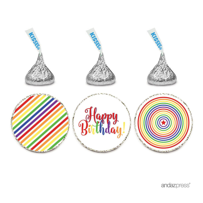 Birthday Hersheys Kisses Stickers-Set of 216-Andaz Press-Rainbow Stripes Rainbow Concentric Circles-