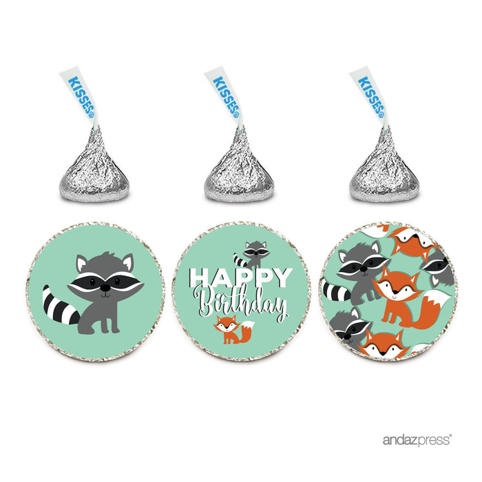 Birthday Hersheys Kisses Stickers-Set of 216-Andaz Press-Woodland Fox and Raccoon-