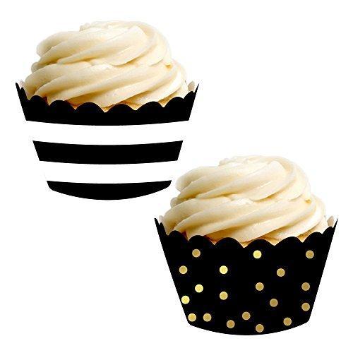 Black Stripes and Metallic Gold Ink Polka Dots Cupcake Wrapper-set of 24-Andaz Press-