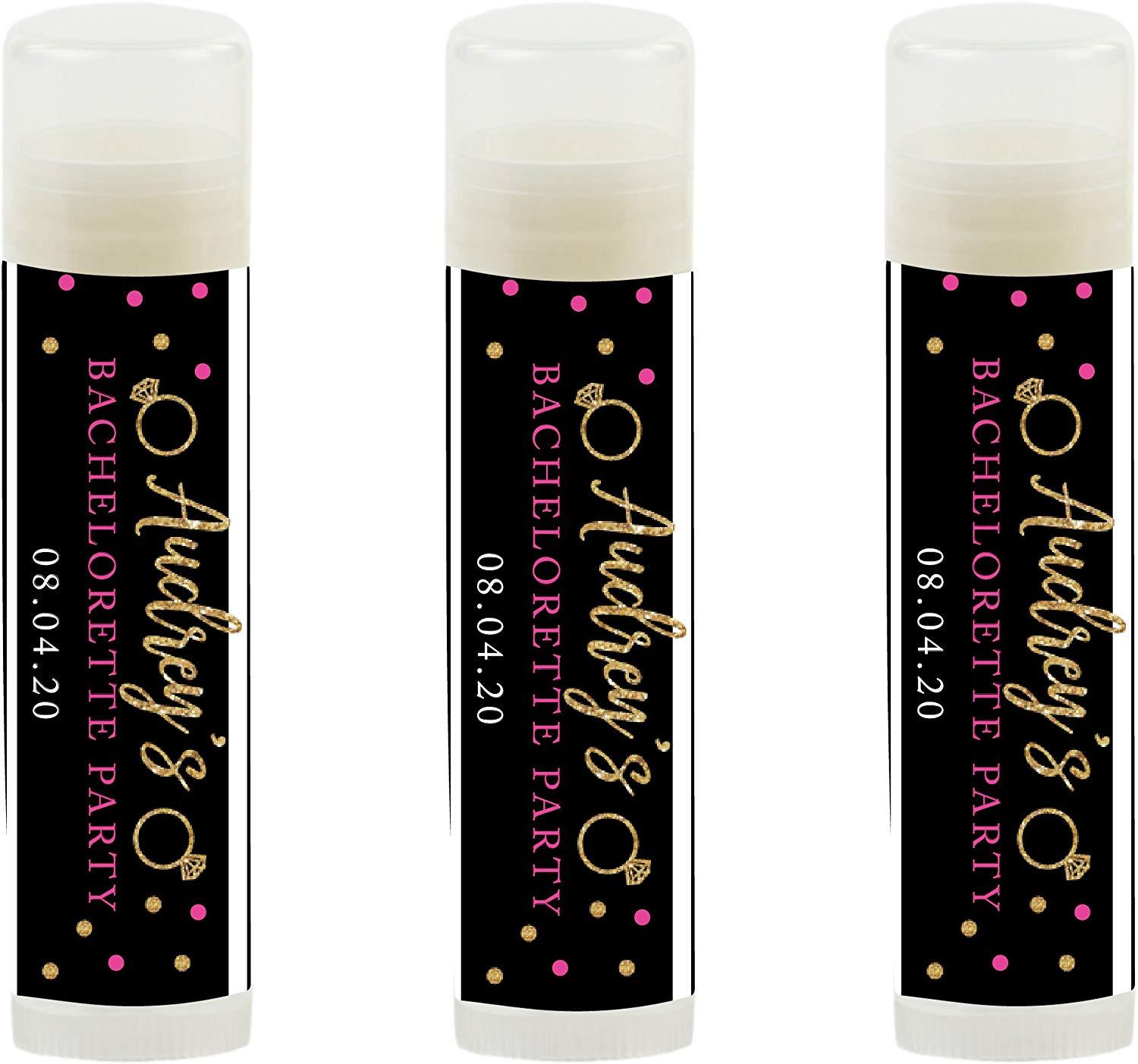 Black, White, Hot Pink, Gold Glittering Bachelorette , Personalized Lip Balm Favors, Custom Name and Date-Set of 12-Andaz Press-