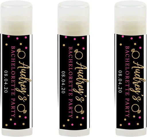 Black, White, Hot Pink, Gold Glittering Bachelorette , Personalized Lip Balm Favors, Custom Name and Date-Set of 12-Andaz Press-