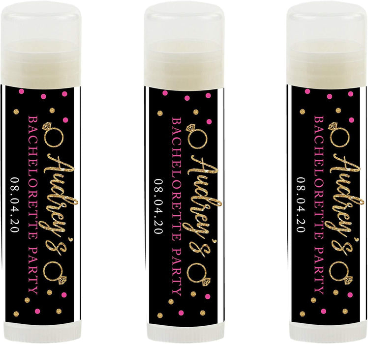 Black, White, Hot Pink, Gold Glittering Bachelorette , Personalized Lip Balm Favors, Custom Name and Date-Set of 12-Andaz Press-