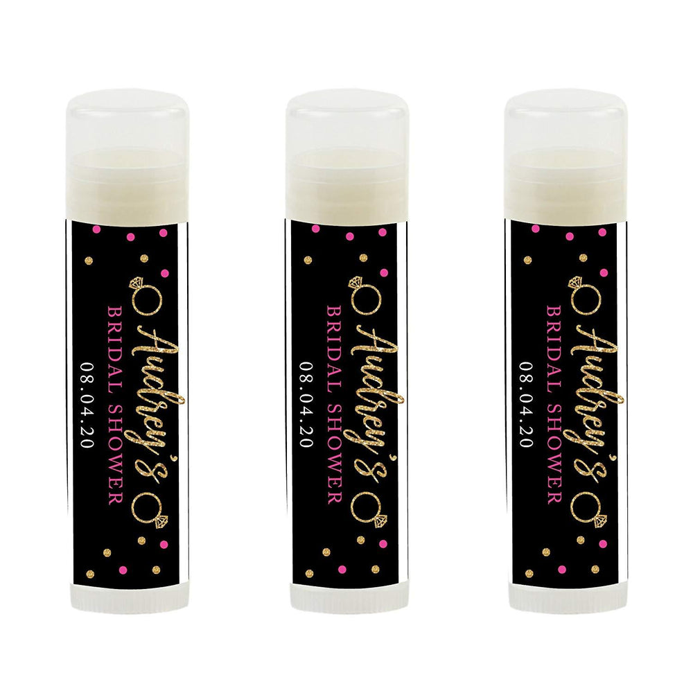 Black, White, Hot Pink, Gold Glittering Bridal Shower, Personalized Lip Balm Favors, Custom Name and Date-Set of 12-Andaz Press-