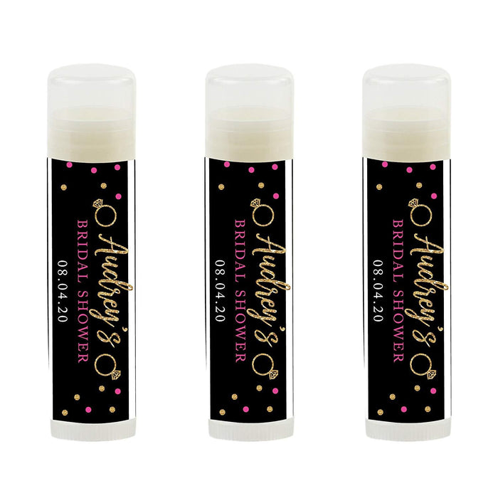 Black, White, Hot Pink, Gold Glittering Bridal Shower, Personalized Lip Balm Favors, Custom Name and Date-Set of 12-Andaz Press-